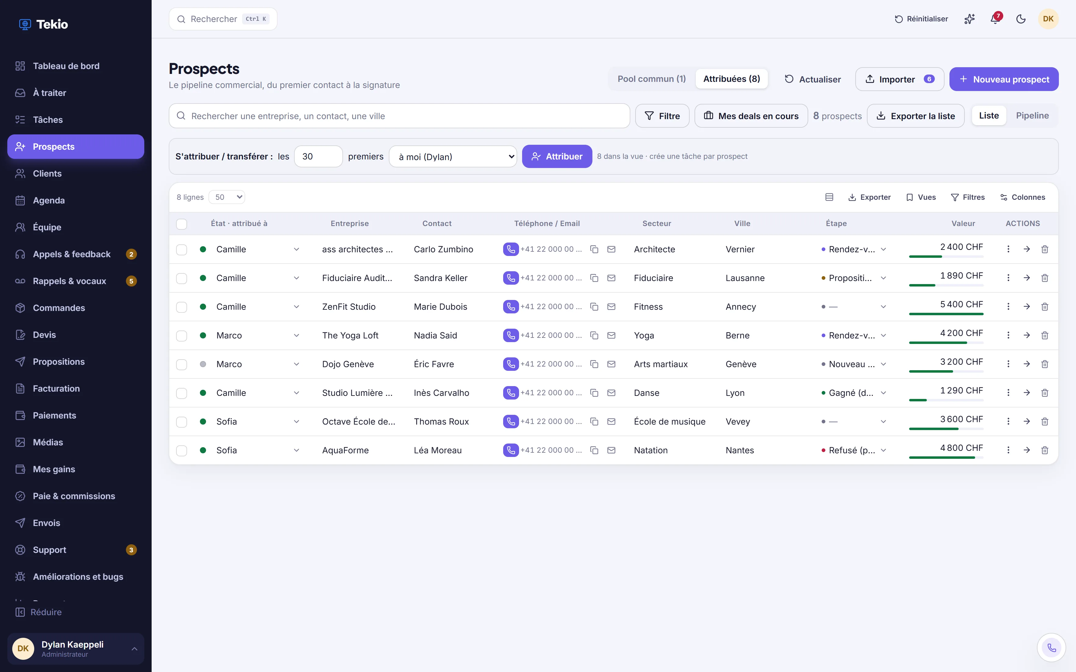 Liste des prospects du CRM Tekio avec ses colonnes : entreprise, contact, secteur, ville, étape et score.